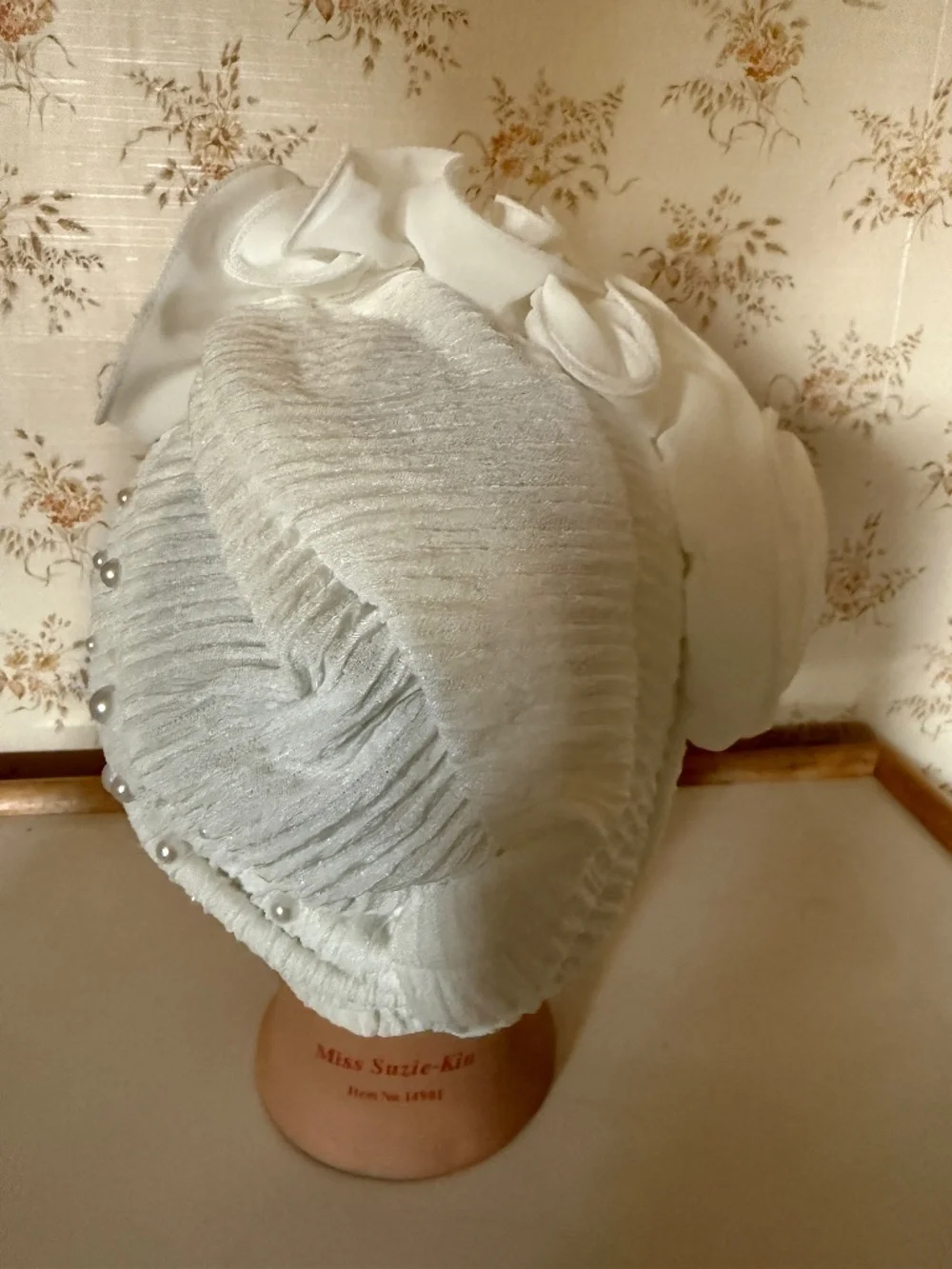 Beautiful white stretch women's turban with organza rosettes